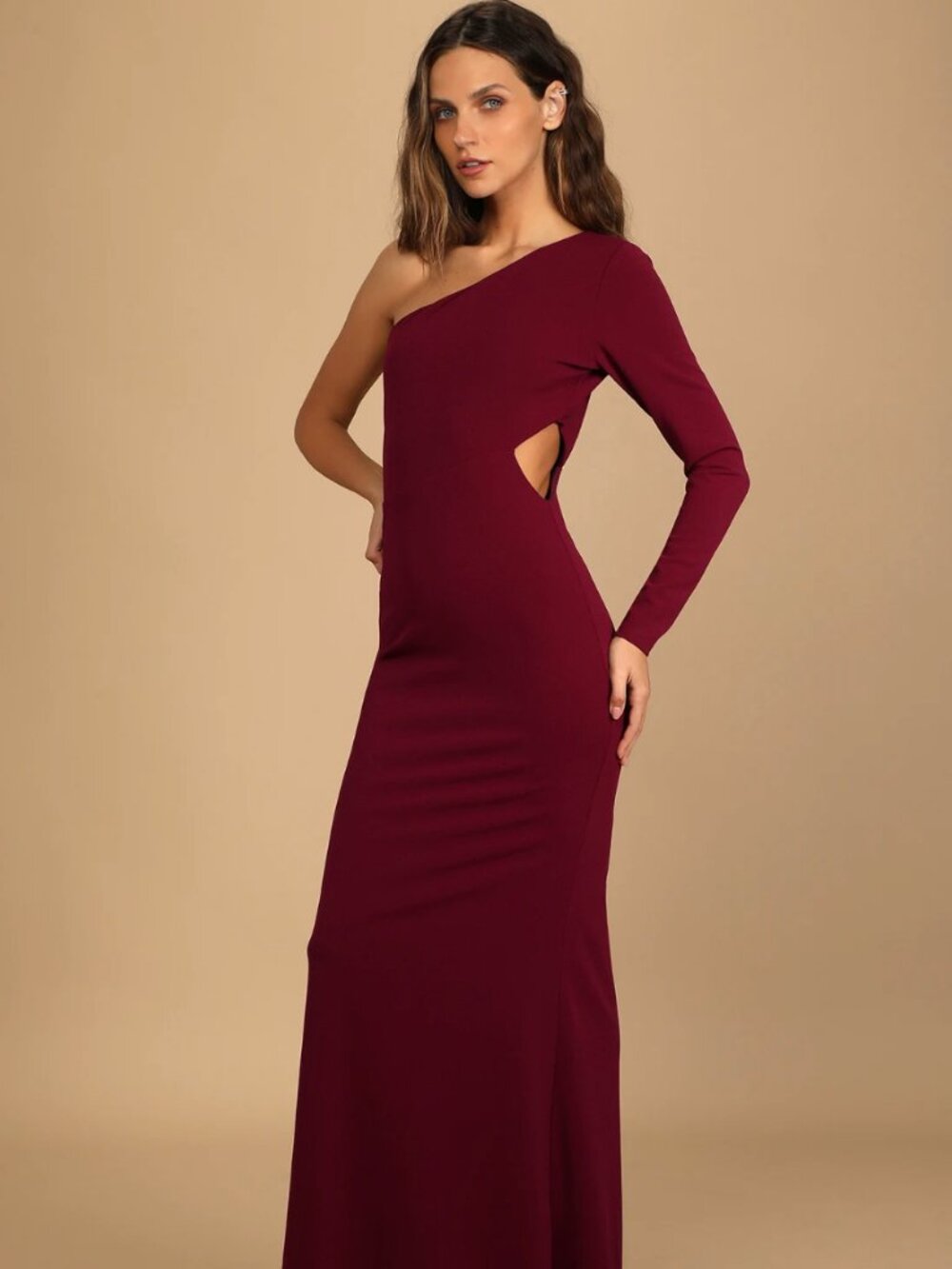 Lulus- Wondrous Romance Burgundy One-Shoulder Mermaid Maxi Dress- M